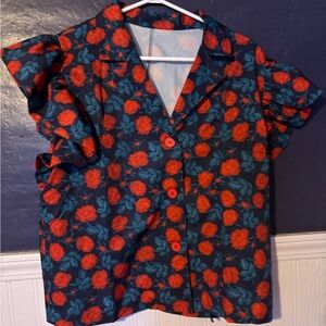 💙SHEIN Floral Blouse with Red and Blue Pattern
